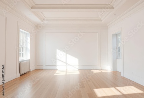 Bright, airy empty room with light wood floors, elegant crown molding, and white walls,  home staging, architectural detail