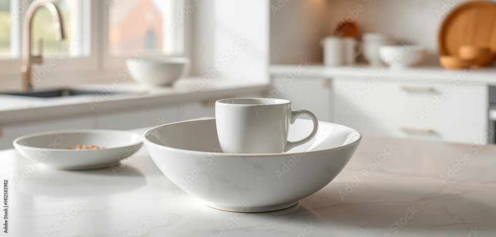 A single porcelain cup rests in a sleek marble bowl, minimalist kitchen setting, domestic, marble bowl A single porcelain cup rests in a sleek marble bowl, minimalist kitchen setting, domestic, marble bowl