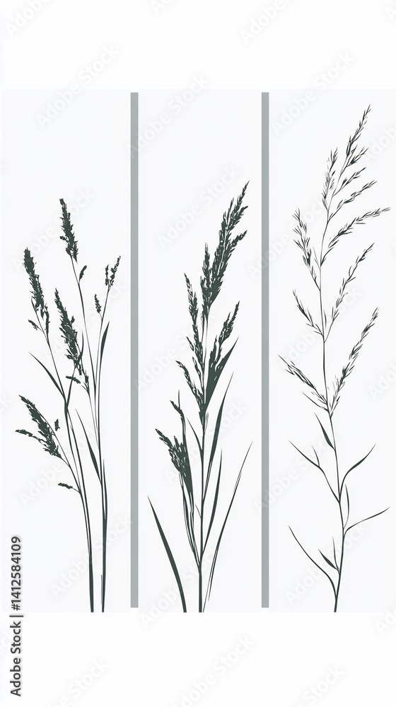 Fototapeta premium Elegant Silhouette of Wild Grasses Against a Clean White Background