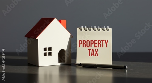 Property tax concept presented near house model and notepad - financial planning - real estate media photo