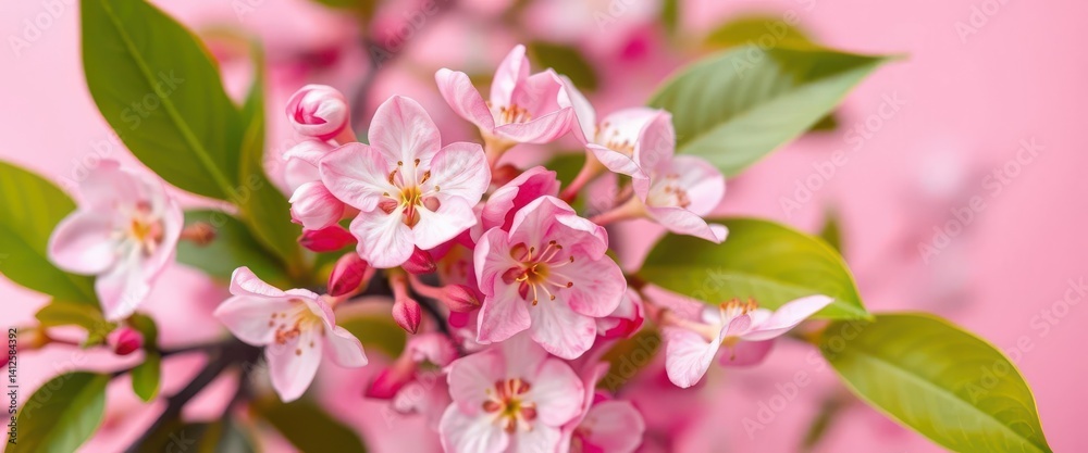 Obraz premium Delicate baby pink blossoms on a matching pastel pink wallpaper , texture, vibrant