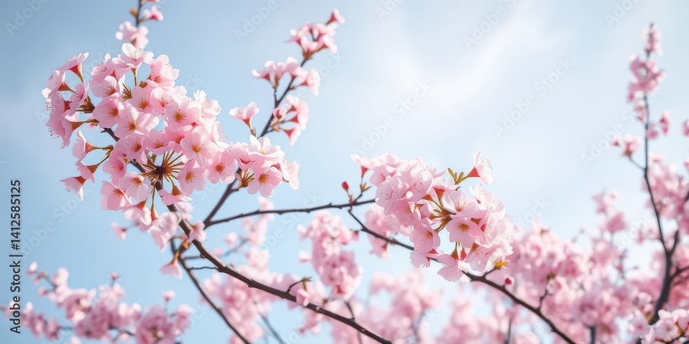 Delicate pink cherry blossoms in full bloom against a soft blue sky, peaceful, petals Delicate pink cherry blossoms in full bloom against a soft blue sky, peaceful, petals