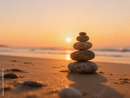 stack of balance pebble stone in the sand beach at sunset