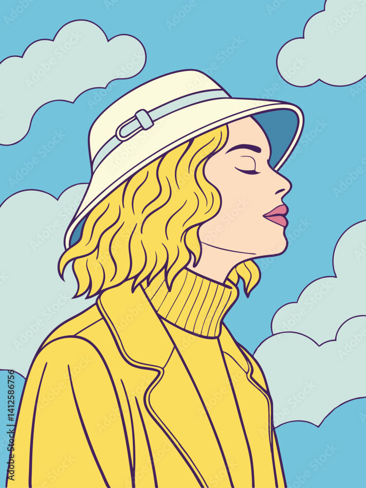 Vector portrait of woman with light wavy hair, wearing hat, eyes closed, mouth slightly open, dreamy expression, yellow turtleneck