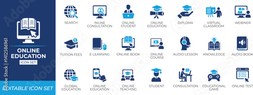Online education icon set. Solid icon collection.