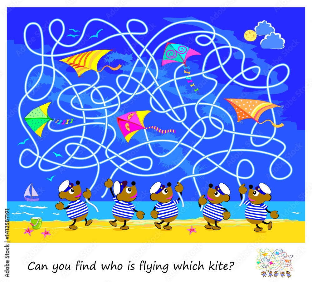 Fototapeta premium Best labyrinths. Can you find who is flying which kite? Logic puzzle game. Brain teaser book with maze. Kids activity sheet. Educational page for children. Flat vector illustration.