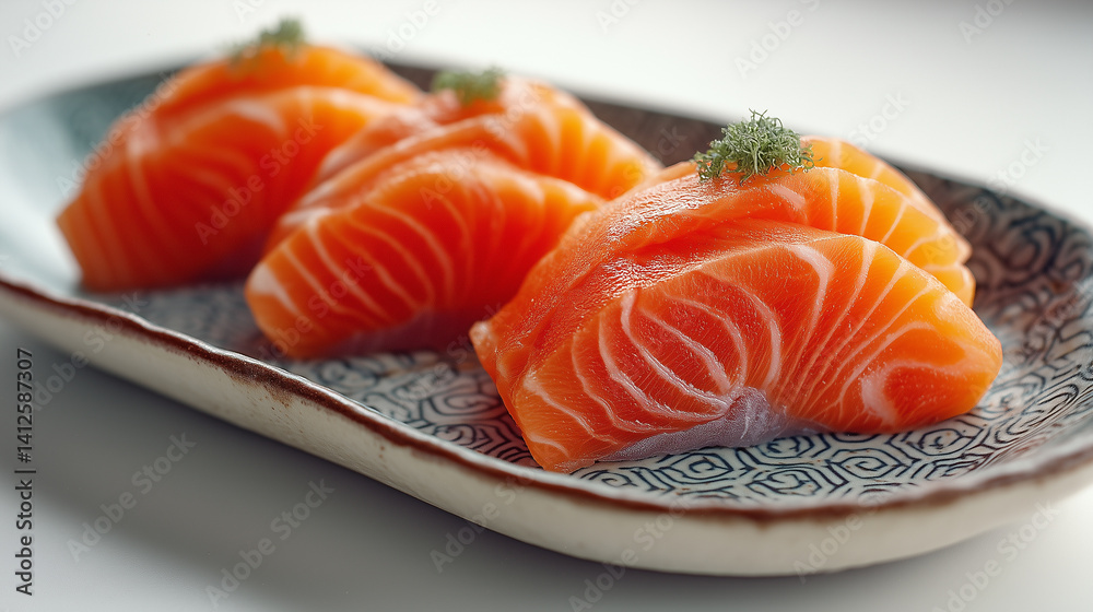 Minimalistic Salmon Sashimi Presentation on Oval Plate Minimalistic Salmon Sashimi Presentation on Oval Plate