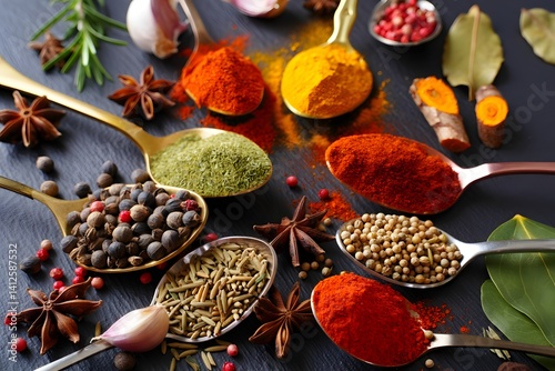A vibrant display of spices and herbs fills golden spoons, showcasing a diverse collection of aromatic ingredients, evoking the essence of flavor.