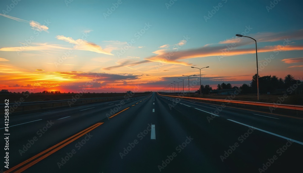 Fototapeta premium Fiery sunset paints asphalt highway with long shadows, image, texture
