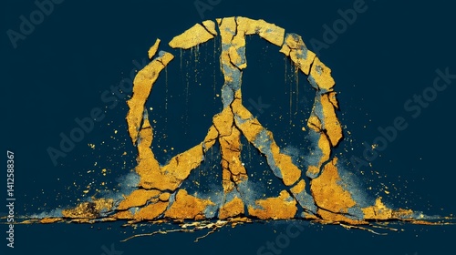 Grungy broken peace sign with vibrant kintsugi texture for urban activism and powerful visual storytelling