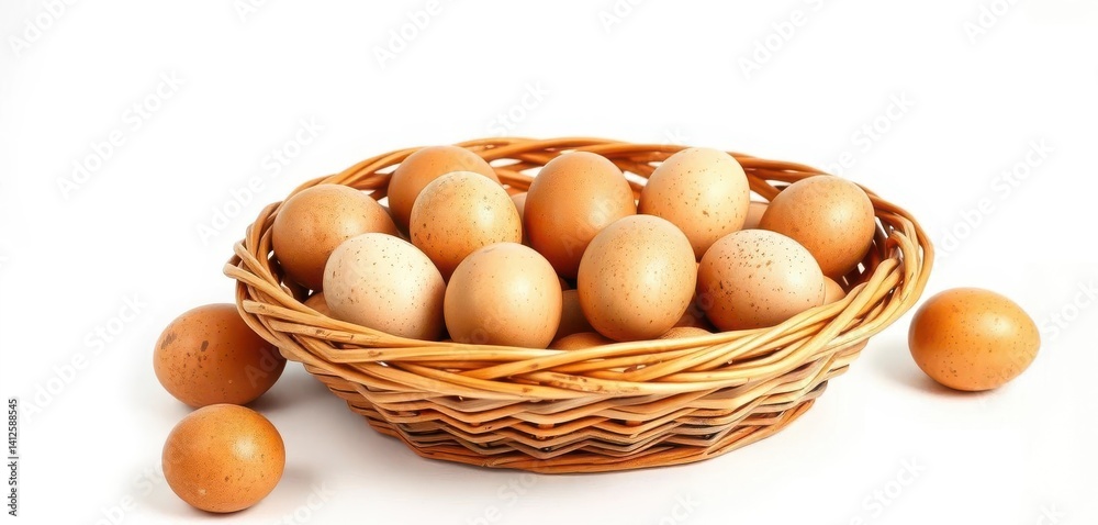 A rustic woven basket overflowing with brown speckled eggs sits on a clean white background, chicken eggs, white background A rustic woven basket overflowing with brown speckled eggs sits on a clean white background, chicken eggs, white background