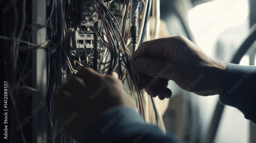 Fototapeta premium Construction worker adjusting electrical wiring in a panel. Featuring skill and precision