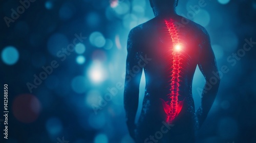 Man's glowing spine, back pain, dark bokeh