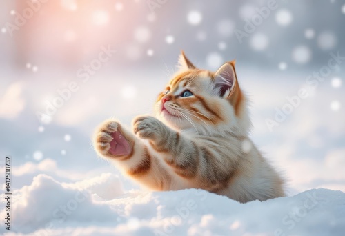 Fluffy cat batting at snowflakes in snowy landscape, pet, snowdrift
