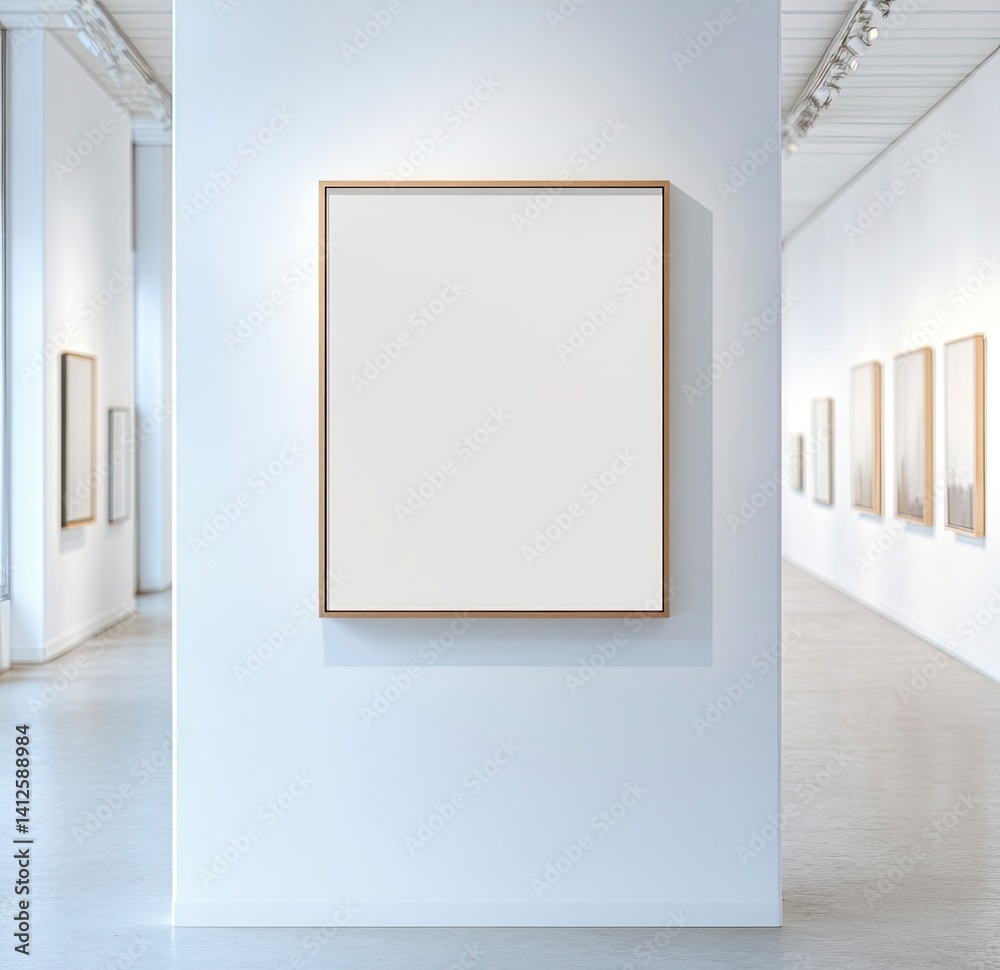 Obraz premium Photo of an empty frame hanging on the wall of an art gallery, with no artwork inside. The background is plain white, and the lighting creates soft shadows around the edges. There is another framed.