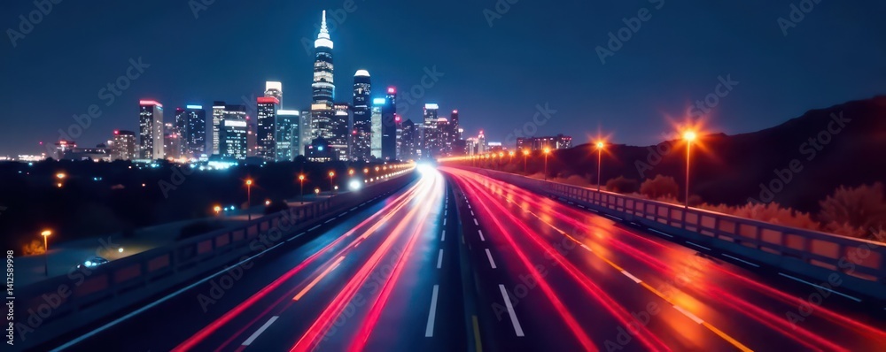 Fototapeta premium Blurred cityscape at night, glowing structures, racing lines , fast, energy, cyber