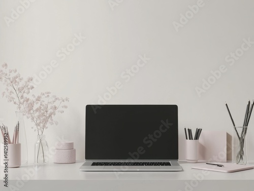 Wallpaper Mural Minimalist Workspace with Pastel Accents: A clean and modern workspace, featuring a sleek laptop, delicate floral arrangement, and stylish stationery. Torontodigital.ca