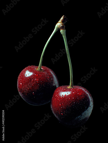 Close-Up of Two Fresh Cherries with Water Droplets on Dark Background
