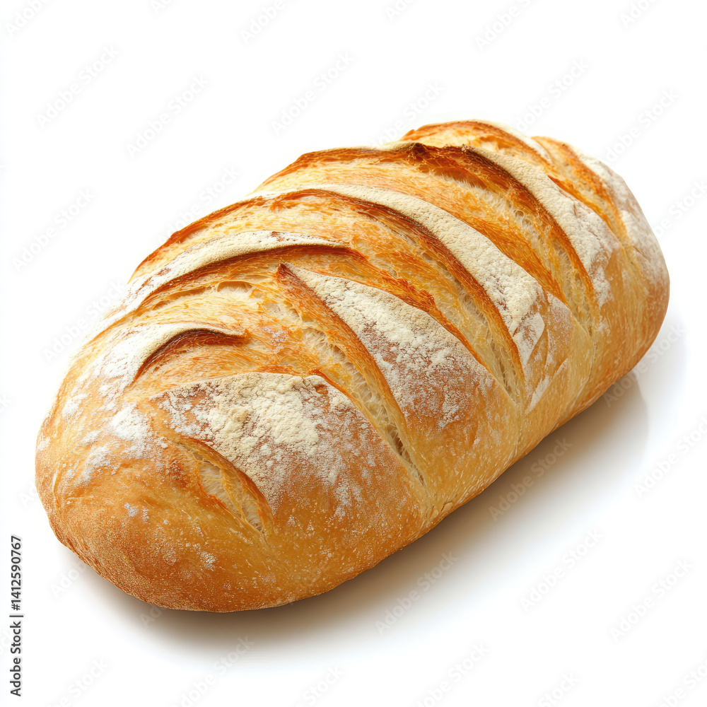 A single loaf of crusty bread with diagonal cuts and a dusting of flour on top A single loaf of crusty bread with diagonal cuts and a dusting of flour on top