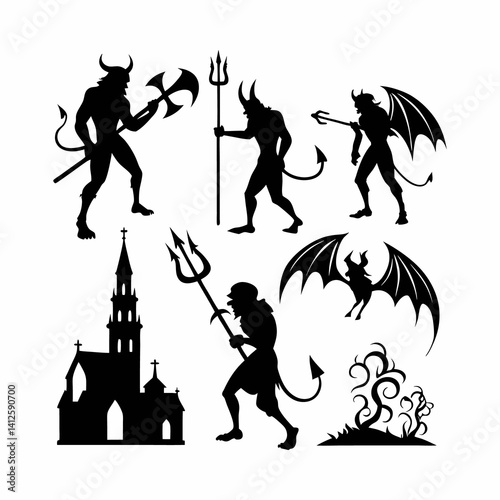 A set of four black silhouette illustrations of demons, each holding a trident.
