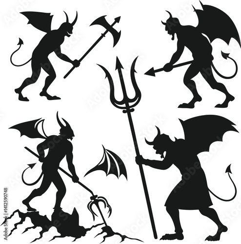 A set of four black silhouette illustrations of demons, each holding a trident.