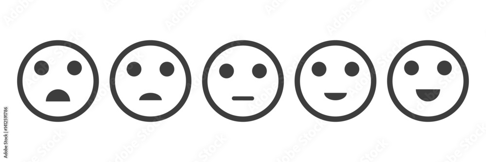 Fototapeta premium Rating emoji set with progress bar bad to good feeling indicator for customer feedback in stroke style. Feedback or rating scale with smiley icon set.