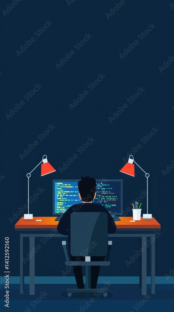 Programmer Working Late at Night in Modern Stylish Workspace