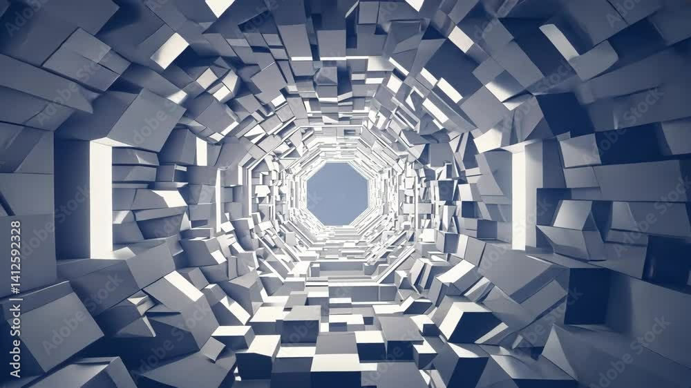Futuristic tunnel of interlocking white cubes.