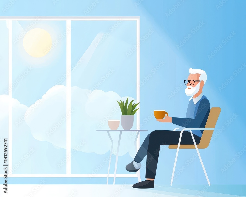 Senior Man Enjoying Coffee in Bright Room with Sunlight and Plants