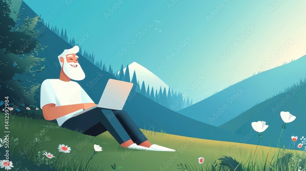 Relaxed Man with Laptop in Serene Mountain Landscape