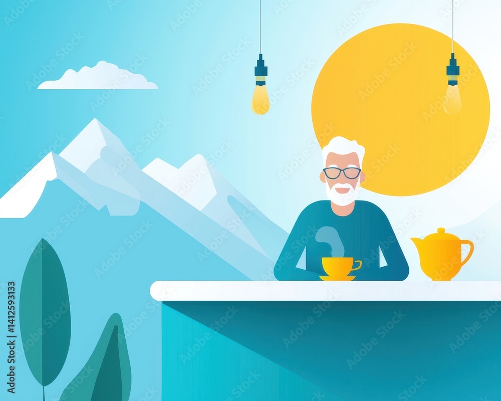 Serene Elderly Man Enjoying Tea in Mountain Landscape with Sun