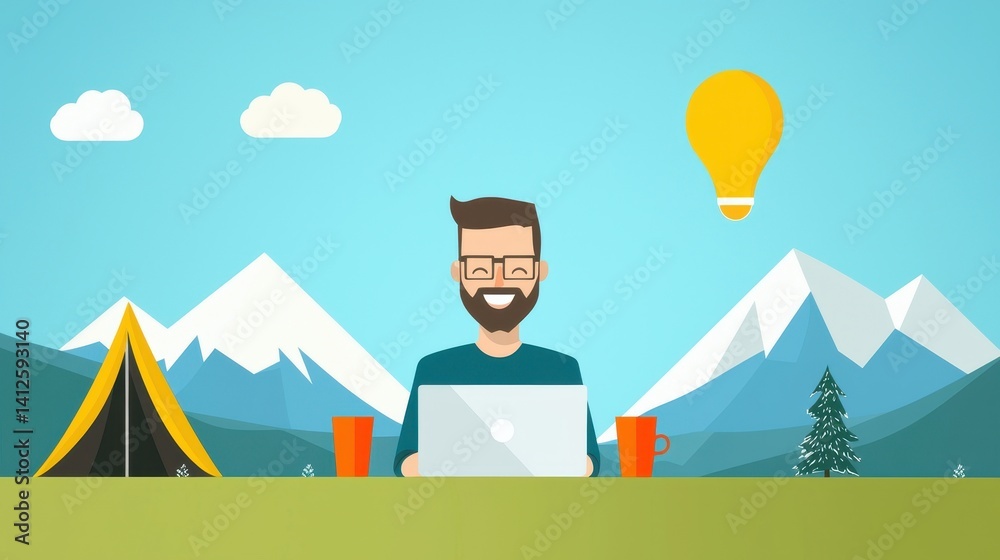Man Working on Laptop in Nature with Tent and Mountains Background