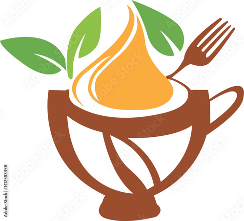 Healthy Gourmet Delight: A refreshing emblem of wholesome indulgence, this vibrant logo features a stylized cup adorned with a creamy swirl, lush leaves, and a delicate fork.