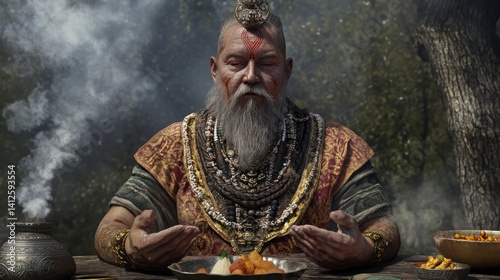 Elderly Man in Ornate Clothing Meditates Amidst Incense Smoke in a Forest