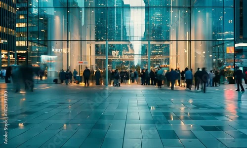 Timelapse of people walking by a modern glass building in busy city street