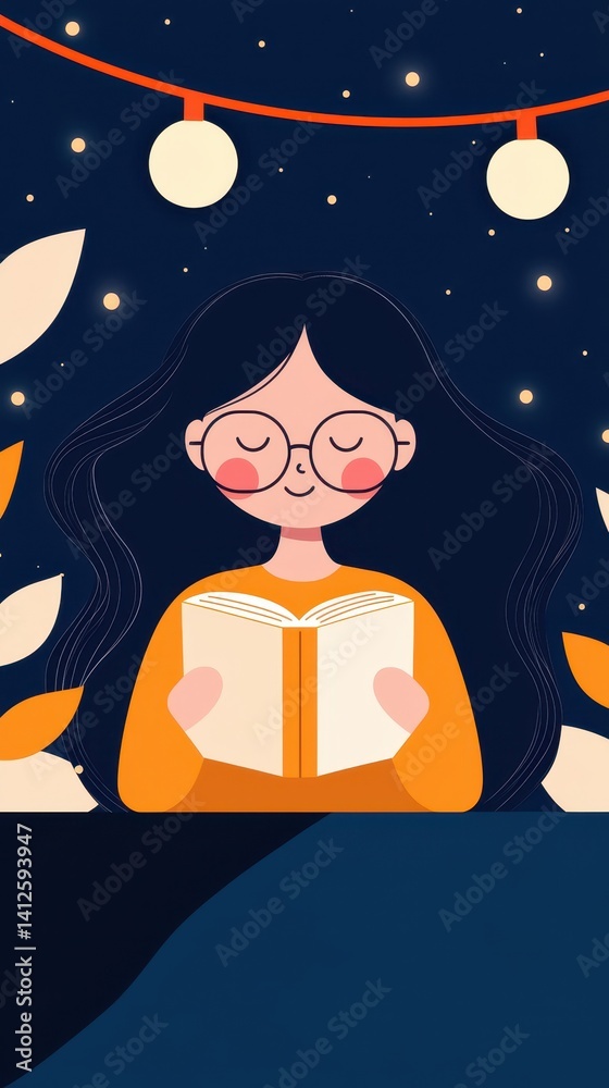Cozy Evening Reading with Lanterns and Starry Background