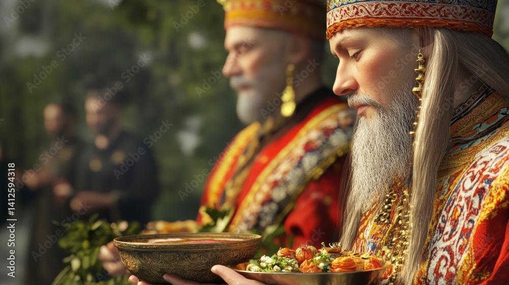 Fototapeta premium Elderly Men in Ornate Robes Performing a Ritual Outdoors