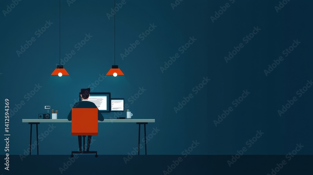Modern Workspace with Desk, Computer, and Creative Lighting Design