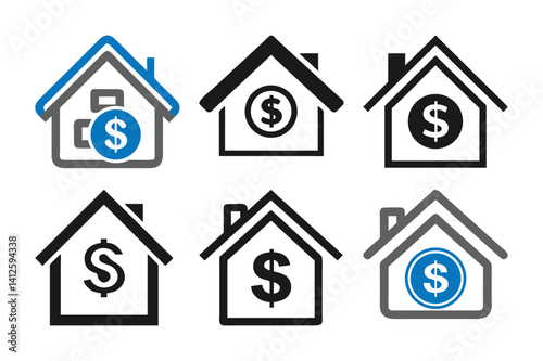 Real Estate Finance Icons: Homes with Dollar Sign Symbol