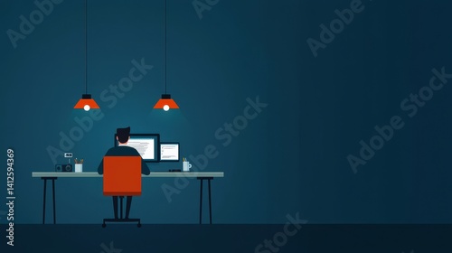 Obraz na płótnie Modern Workspace with Desk, Computer, and Creative Lighting Design w salonie