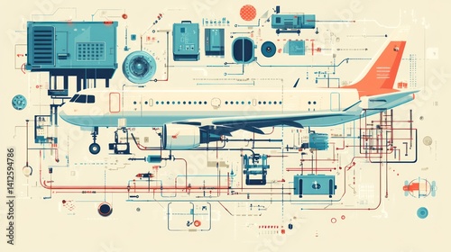Airplane technical diagram showcasing its complex internal systems and components.