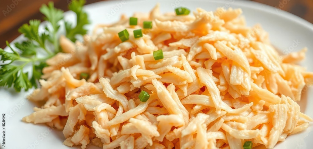 Fluffy, tender shredded boiled chicken breast on a plate, culinary, recipe Fluffy, tender shredded boiled chicken breast on a plate, culinary, recipe