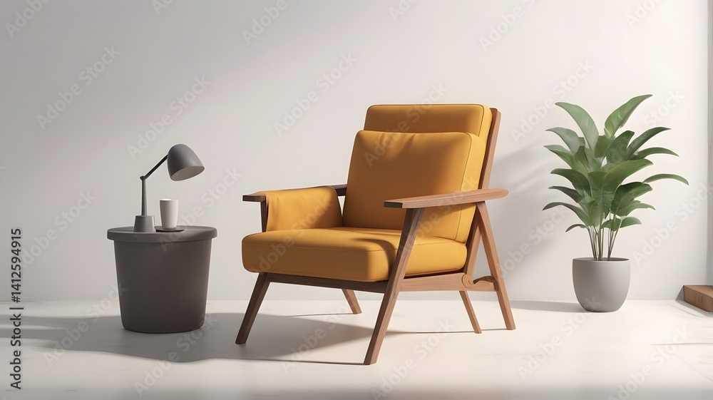 Fototapeta premium Mid-Century Modern Mustard Yellow Armchair in Minimalist Interior Design