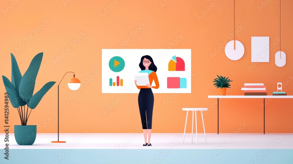 Young Woman Holding Laptop in Modern Workspace with Charts Display