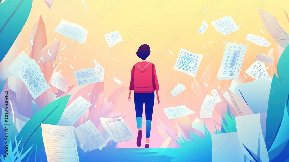 Woman walking away from a pile of papers and plants. Woman walking away from a pile of papers and plants.