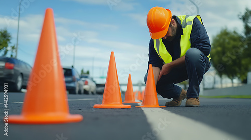 Traffic safety worker setting up orange cones for highway lane closures. Featuring road maintenance