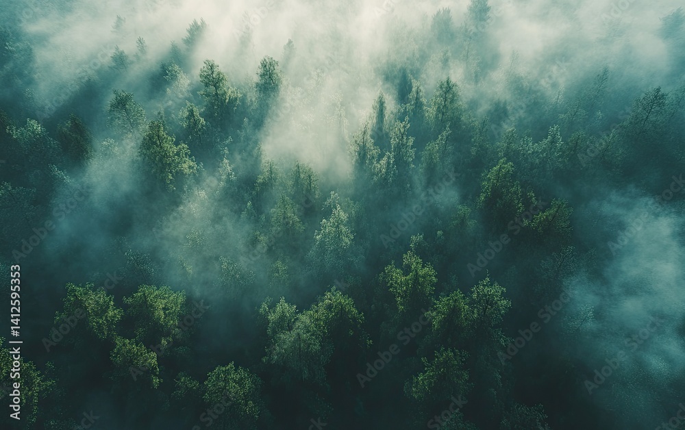 An aerial view of a dense forest shrouded in mist An aerial view of a dense forest shrouded in mist