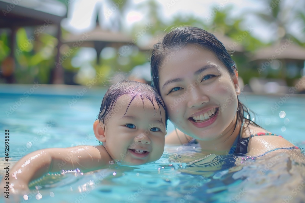 Cute smiling baby and mom having fun swimming and diving in the pool at the resort on summer vacation Cute smiling baby and mom having fun swimming and diving in the pool at the resort on summer vacation