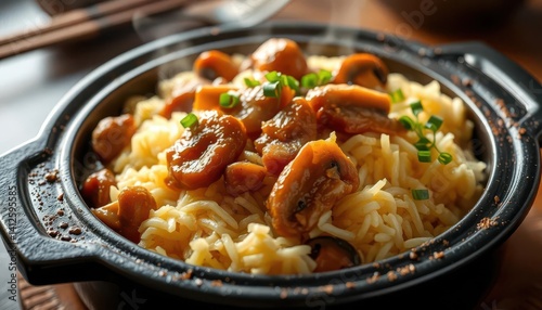 Golden-brown chicken and mushroom claypot rice, steaming hot, claypot rice, dish