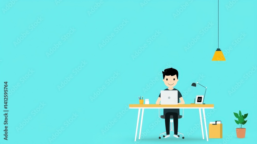 Happy young man working on a laptop at a bright blue desk